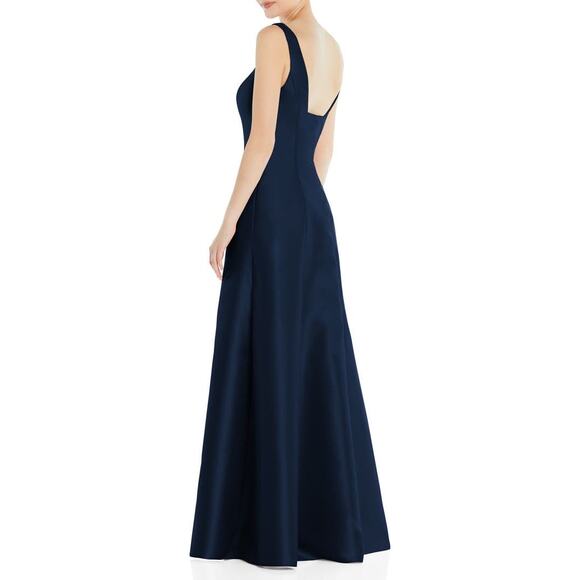 Alfred Sung Maxi Gown Women's 14R Navy Blue Square Neck Satin A-Line Sleeveless - Picture 2 of 11